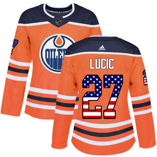 Adidas Oilers #27 Milan Lucic Orange Home Authentic USA Flag Women's Stitched NHL Jersey - Click Image to Close
